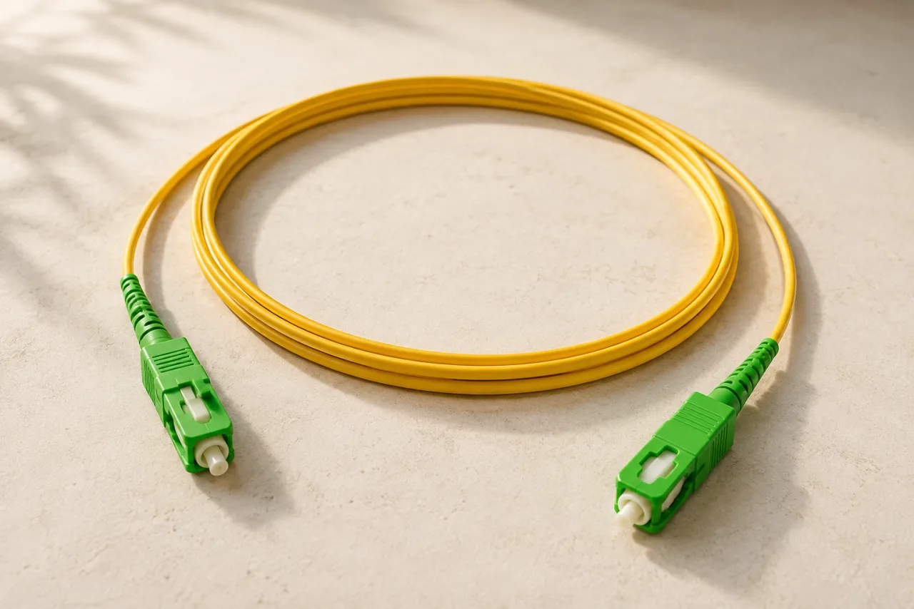 Cable amarillo de fibra óptica con conectores verdes, imagen ilustrativa