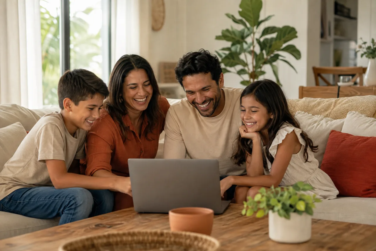 Familia compartiendo un momento frente a una laptop