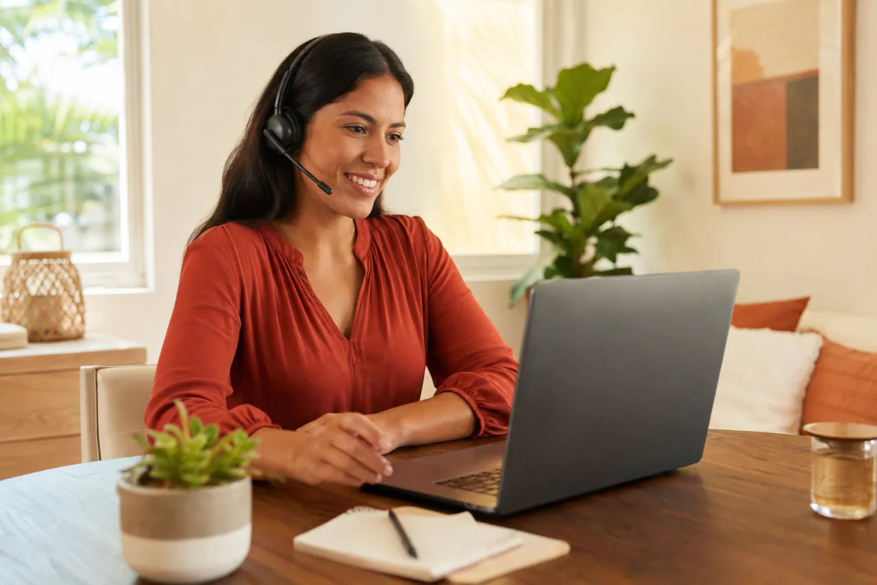 Mujer trabajando desde casa con su laptop
